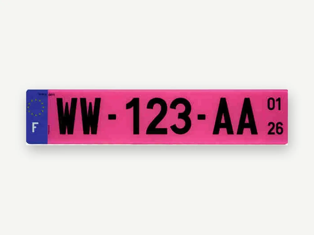 Plaque d'immatriculation provisoire rose WW en plexiglas, Archer SAS Lyon